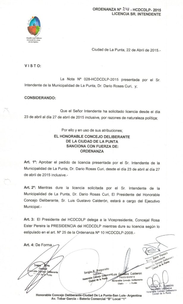 thumbnail of ORDENANZA N°248-NO VIGENTE-HCDCDLP-2015- LICENCIA SR. INTENDENTE