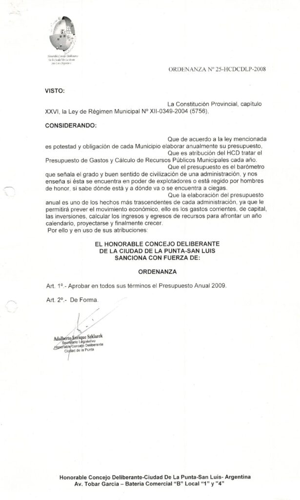thumbnail of ORDENANZA N°25-NO VIGENTE-HCDCDLP-2008- PRESUPUESTO PERIODO 2009