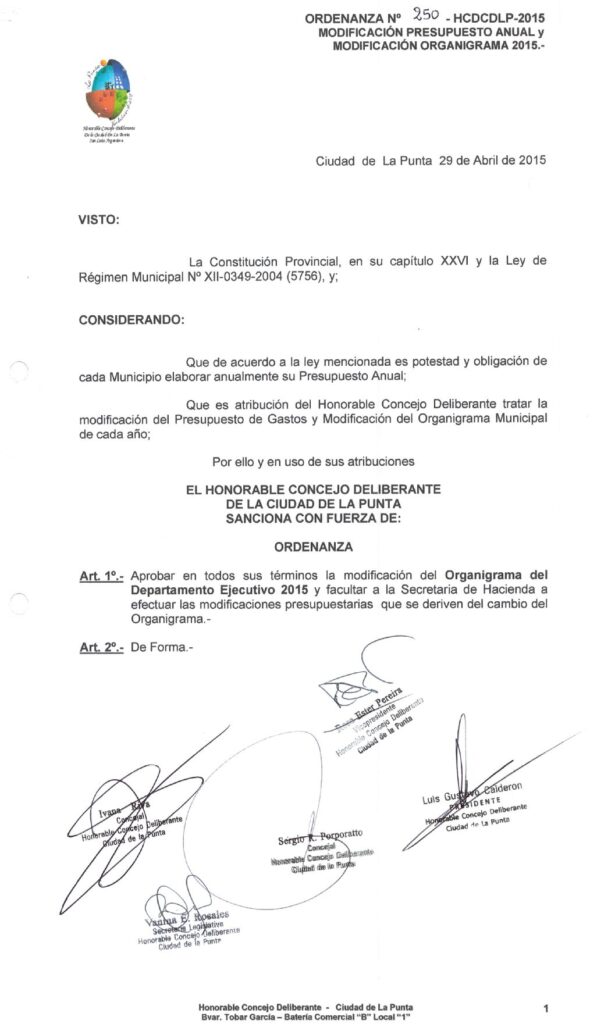 thumbnail of ORDENANZA N°250-NO VIGENTE-HCDCDLP-2015- MODIFICACION PRESUPUESTO ANUAL Y MODIFICACION ORGANIGRAMA 2015