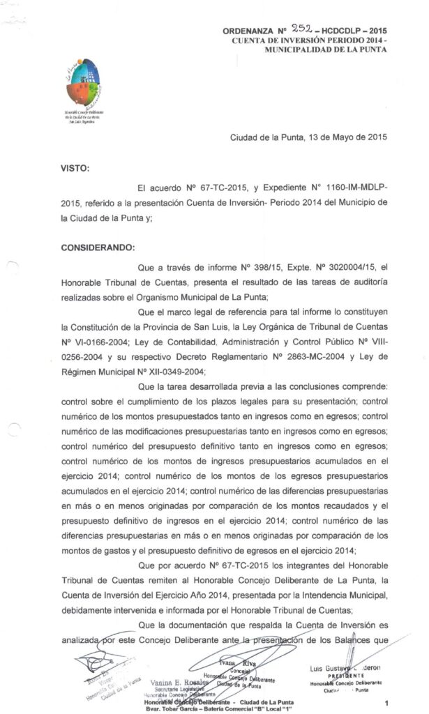 thumbnail of ORDENANZA N°252-NO VIGENTE-HCDCDLP-2015- CUENTA DE INVERSION PERIODO 2014-MUNICIPALIDAD DE LA PUNTA