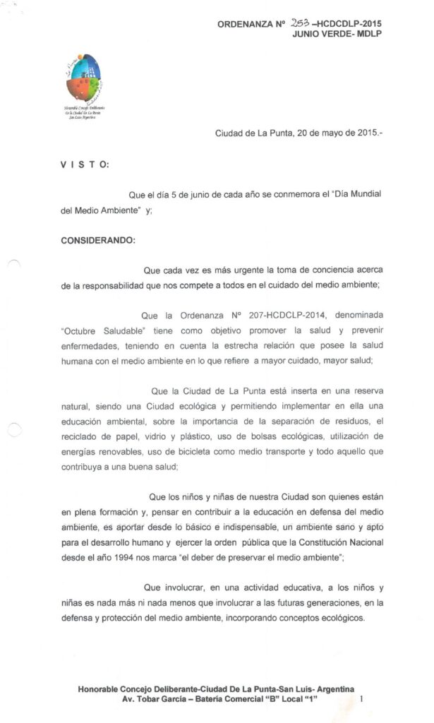 thumbnail of ORDENANZA N°253 – VIGENTE-HCDCDLP-2015-JUNIO VERDE-MDLP