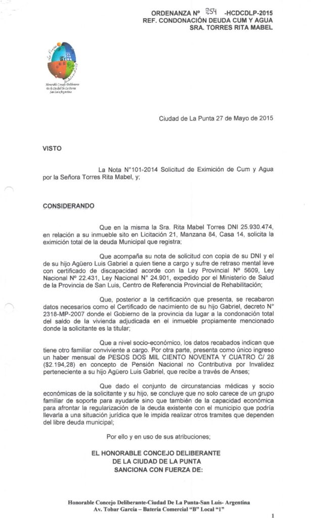 thumbnail of ORDENANZA N°254-NO VIGENTE-HCDCDLP-2015- REF.CONDONACION DEUDA CUM Y AGUA SRA.TORRES RITA MABEL