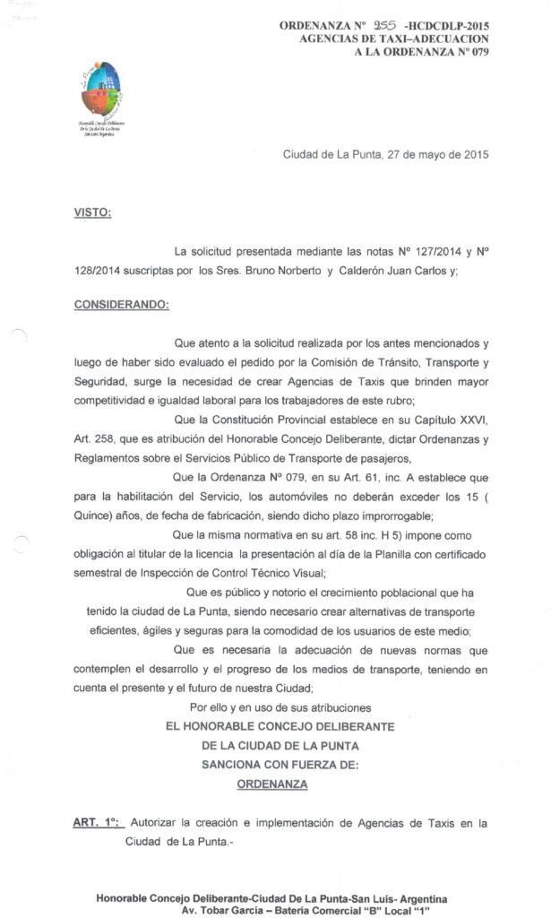thumbnail of ORDENANZA N°255-NO VIGENTE-HCDCDLP-2015- AGENCIAS DE TAXI-ADECUADOS A LA ORDENANZA N°079