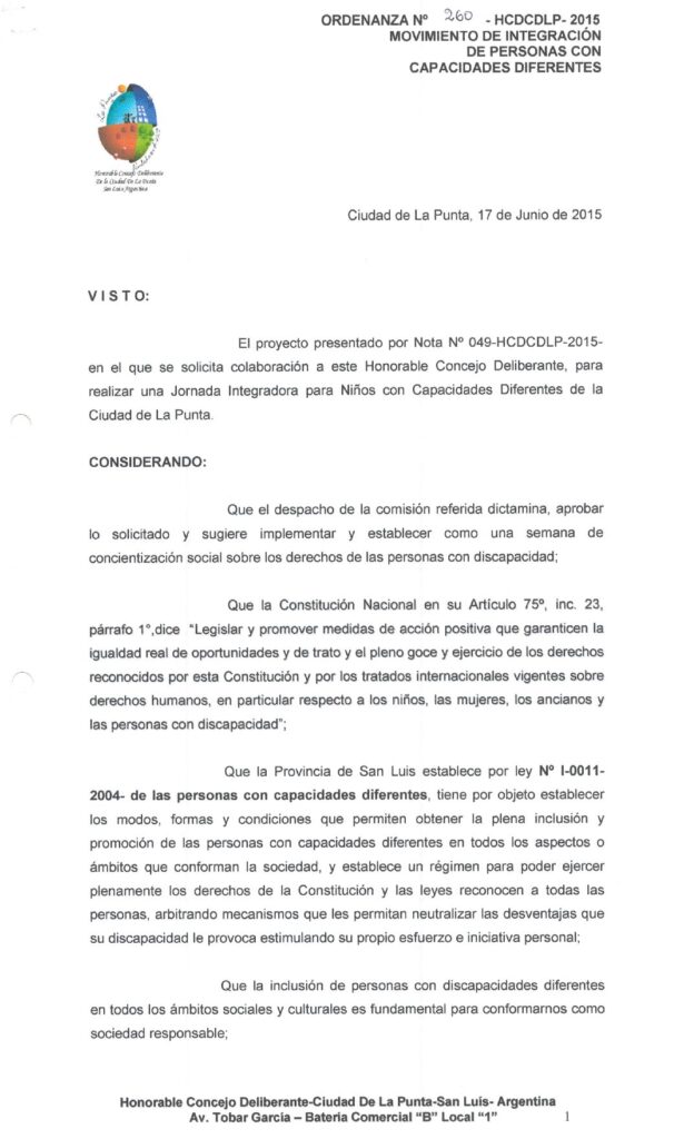 thumbnail of ORDENANZA N°260-VIGENTE-HCDCDLP-2015- MOVIMIENTO DE INTEGRACION DE PERSONAS CON CAPACIDADES DIFERENTES