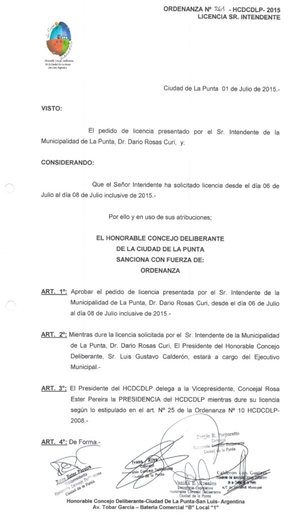 thumbnail of ORDENANZA N°261-NO VIGENTE-HCDCDLP-2015-LICENCIA SR. INTENDENTE