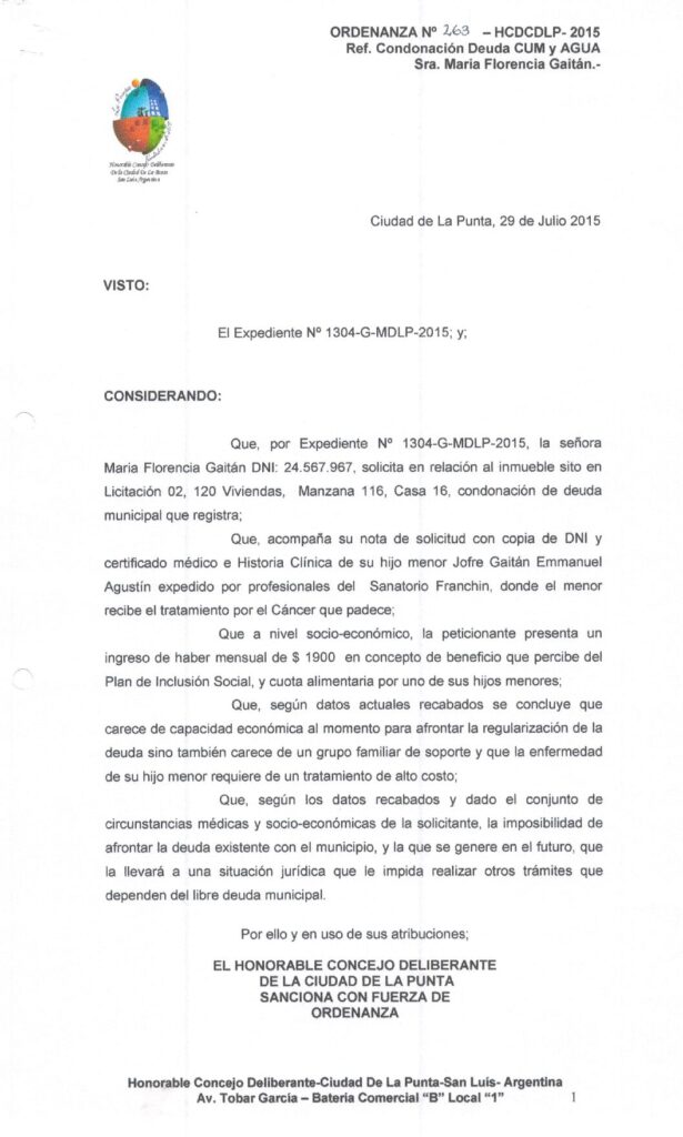 thumbnail of ORDENANZA N°263-NO VIGENTE-HCDCDLP-2015- Ref.CONDONACION DEUDA CUM Y AGUA Sra. MARIA FLORENCIA GAITAN.