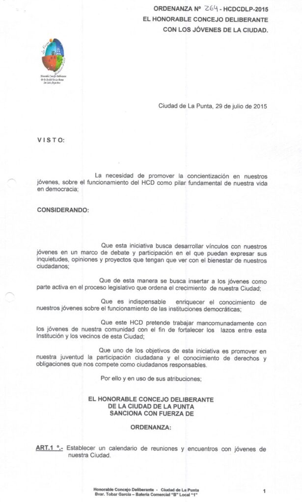 thumbnail of ORDENANZA N°264- VIGENTE-HCDCDLP-2015- EL HONORABLE CONCEJO DE LIBERANTE CON LOS JOVENES DE LA CIUDAD