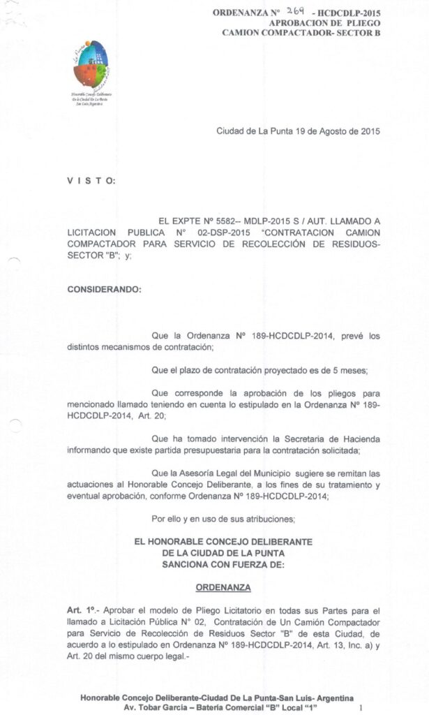 thumbnail of ORDENANZA N°269-NO VIGENTE-HCDCDLP-2015- APROBACION DE PLIEGO CAMION COMPACTADOR-SECTOR B