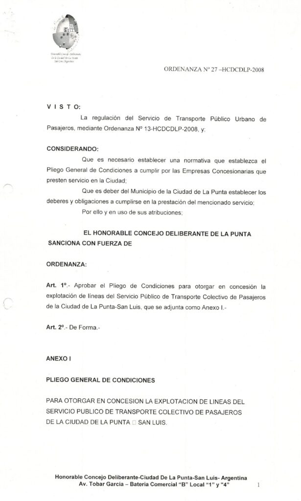 thumbnail of ORDENANZA N°27-NO VIGENTE-HCDCDLP-2008- PLIEGO DE CONDICIONES CONCESION EXPLOTACION DE LINEAS DE SERVICIOS PUBLICOS DE TRANSPORTE COLECTIVO