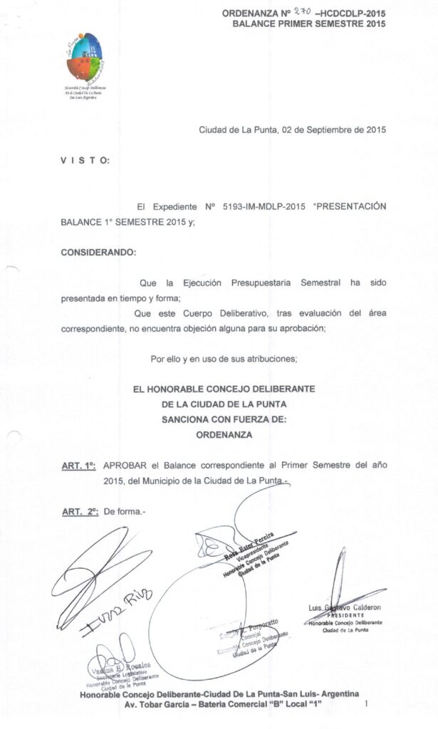 thumbnail of ORDENANZA N°270-NO VIGENTE-HCDCDLP-2015- BALANCE PRIMER SEMESTRE 2015