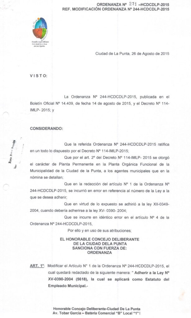 thumbnail of ORDENANZA N°271- VIGENTE-HCDCDLP-2015- REF.MODIFICACION ORDENANZA N°244-HCDCDLP-2015