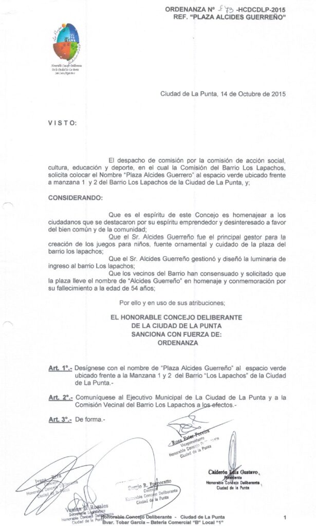 thumbnail of ORDENANZA N°273- VIGENTE-HCDCDLP-2015- REF.PLAZA ALCIDES GUERREÑO