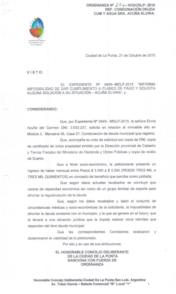 thumbnail of ORDENANZA N°274-NO VIGENTE-HCDCDLP-2015- REF.CONDONACION DEUDA CUM Y AGUA SRA. ACUÑA ELVIRA.