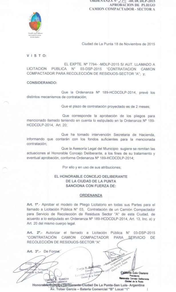 thumbnail of ORDENANZA N°275-NO VIGENTE-HCDCDLP-2015- APROBACION DE PLIEGO CAMION COMPACTADOR-SECTOR A