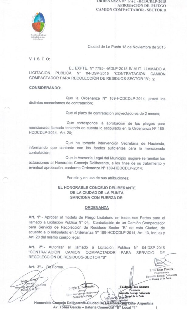 thumbnail of ORDENANZA N°276-NO VIGENTE-HCDCDLP-2015- APROBACION DE PLIEGO CAMION COMPACTADOR-SECTOR B