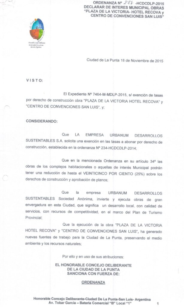 thumbnail of ORDENANZA N°277- VIGENTE-HCDCDLP-2015- DECLARAR DE INTERES MUNICIPAL OBRAS PLAZA DE LA VICTORIA-HOTEL RECOVA Y CENTRO DE CONVENCIONES SAN LUIS