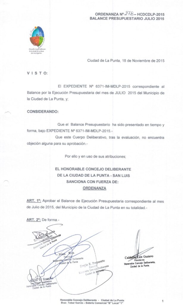 thumbnail of ORDENANZA N°278-NO VIGENTE-HCDCDLP-2015-BALANCE PRESUPUESTARIO JULIO 2015
