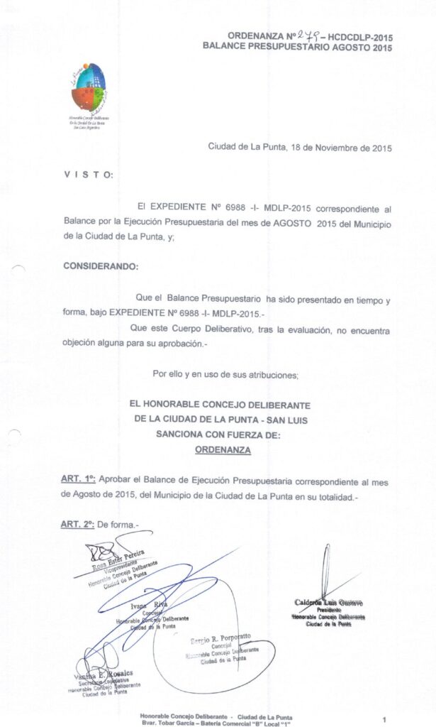 thumbnail of ORDENANZA N°279-NO VIGENTE-HCDCDLP-2015- BALANCE PRESUPUESTARIO AGOSTO 2015