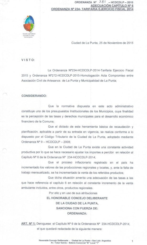 thumbnail of ORDENANZA N°281 -NO VIGENTE-HCDCDLP-2015-ADECUACION CAPITULO N°6 ORDENANZA N°234-TARIFARIA EJERCICIO FISCAL 2014