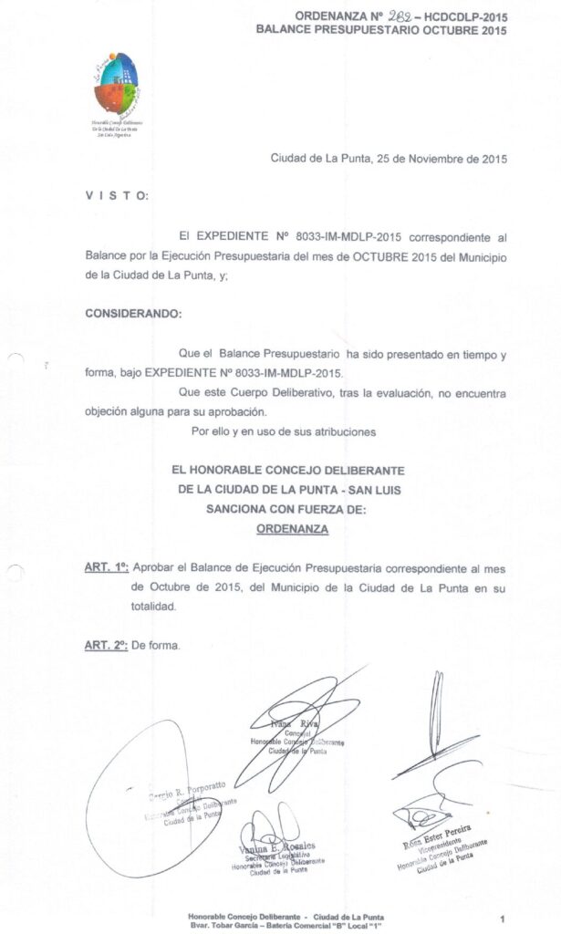 thumbnail of ORDENANZA N°282-NO VIGENTE-HCDCDLP-2015- BALANCE PRESUPUESTARIO OCTUBRE 2015