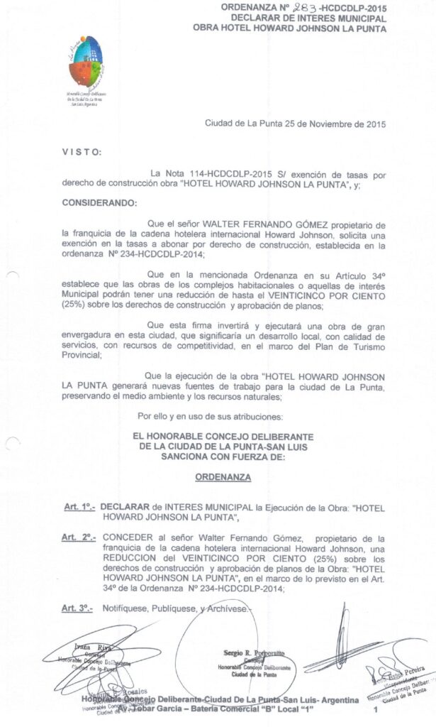 thumbnail of ORDENANZA N°283-VIGENTE-HCDCDLP-2015- DECLARAR DE INTERES MUNICIPAL OBRA HOTEL HOWARD JOHNSON LA PUNTA