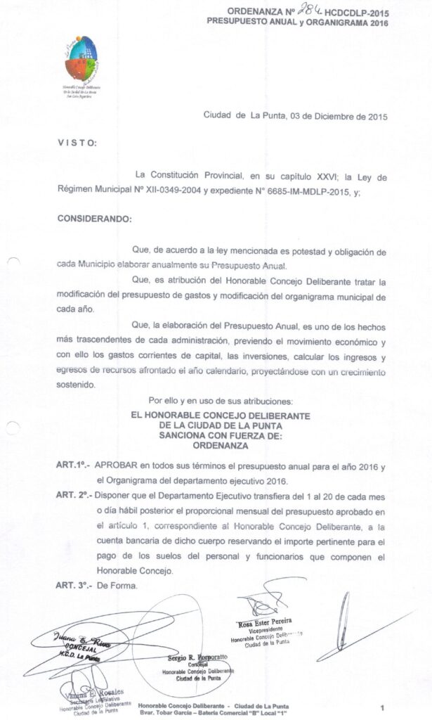 thumbnail of ORDENANZA N°284-NO VIGENTE-HCDCDLP-2015- PRESUPUESTO ANUAL Y ORGANIGRAMA 2016