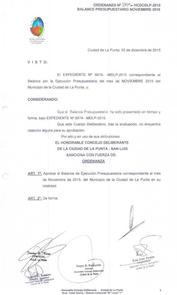 thumbnail of ORDENANZA N°285 -NO VIGENTE-HCDCDLP-2015-BALANCE PRESUPUESTARIO NOVIEMBRE 2015