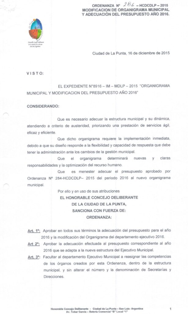 thumbnail of ORDENANZA N°286-NO VIGENTE-HCDCDLP-2015- MODIFICACION DE ORGANIGRAMA MUNICIPAL Y ADECUACION DEL PRESUPUESTO AÑO 2016