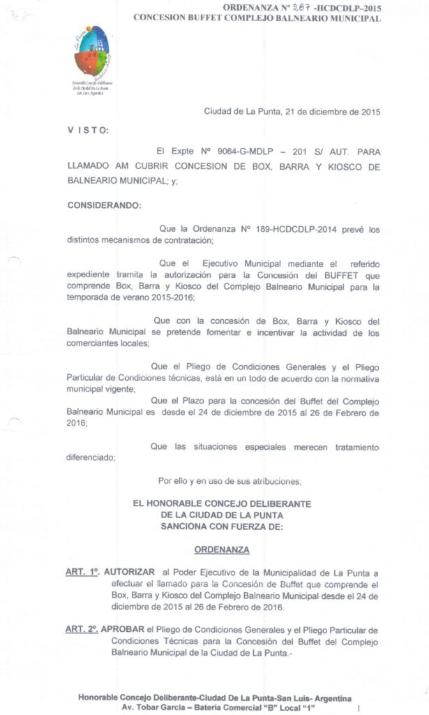 thumbnail of ORDENANZA N°287-NO VIGENTE-HCDCDLP-2015- CONCESION BUFFET COMPLEJO BALNEARIO MUNICIPAL