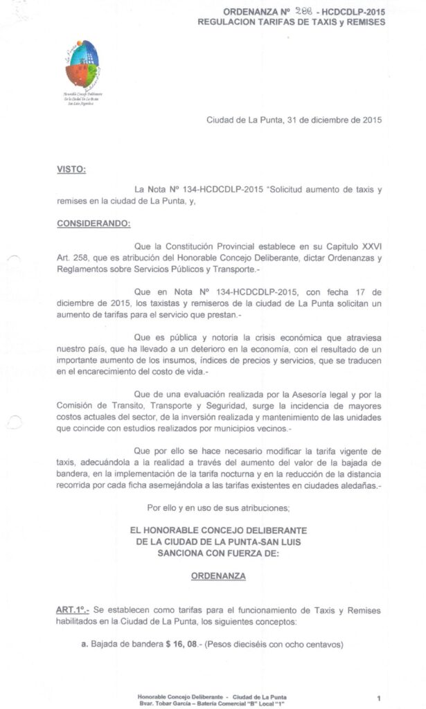 thumbnail of ORDENANZA N°288-NO VIGENTE-HCDCDLP-2015- REGULACION TARIFA DE TAXIS Y REMISES