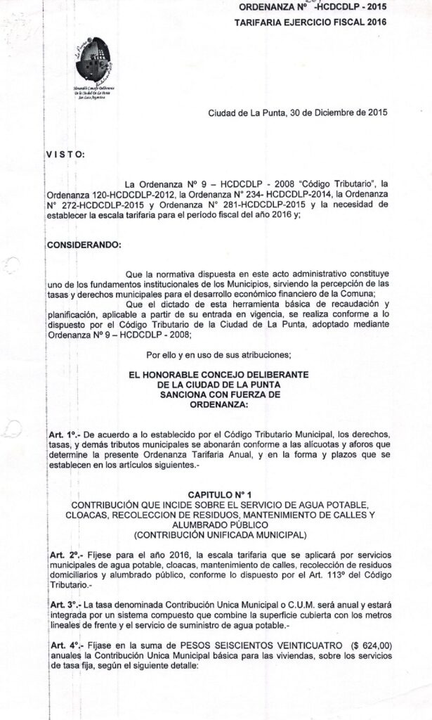 thumbnail of ORDENANZA N°289 -NO VIGENTE-HCDCDLP-2015-TARIFARIA EJERCICIO FISCAL 2016