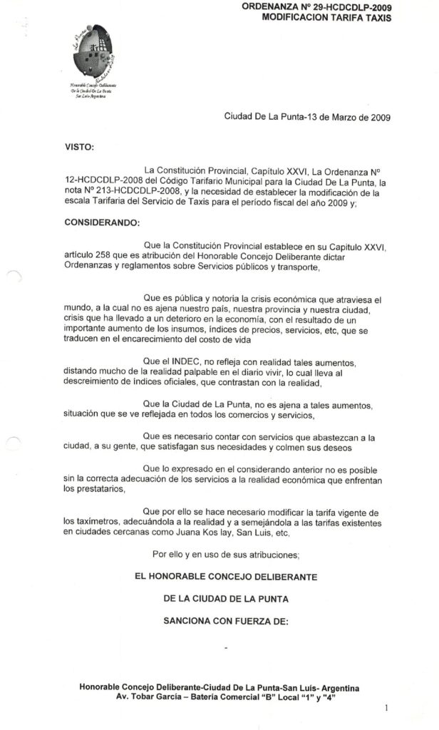 thumbnail of ORDENANZA N°29-NO VIGENTE-HCDCDLP-2009- MODIFICACION TARIFARIA TAXIS