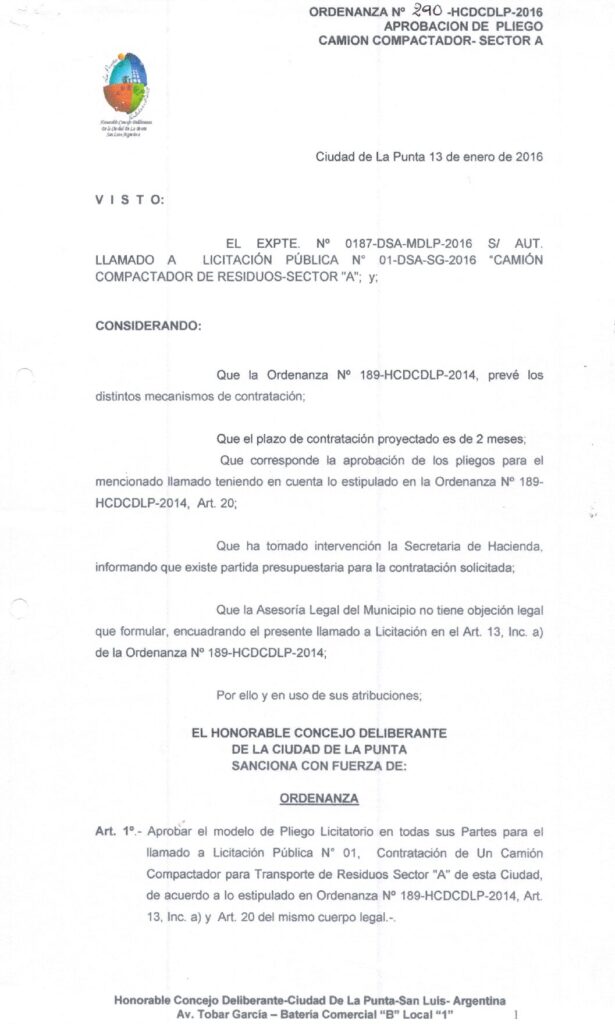 thumbnail of ORDENANZA N°290-NO VIGENTE-HCDCDLP-2016- APROBACION DE PLIEGO CAMION COMPACTADOR-SECTOR A