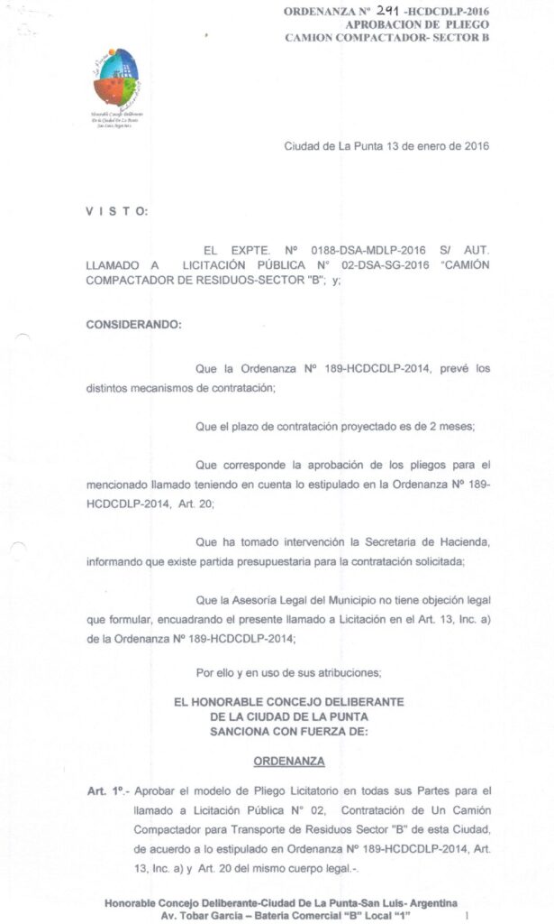 thumbnail of ORDENANZA N°291-NO VIGENTE-HCDCDLP-2016- APROBACION DE PLIEGO CAMION COMPACTADOR-SECTOR B