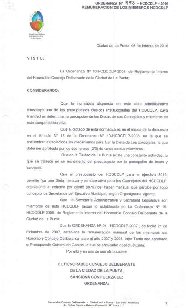 thumbnail of ORDENANZA N°292- VIGENTE-HCDCDLP-2016- REMUNERACION DE LOS MIEMBROS HCDCDLP
