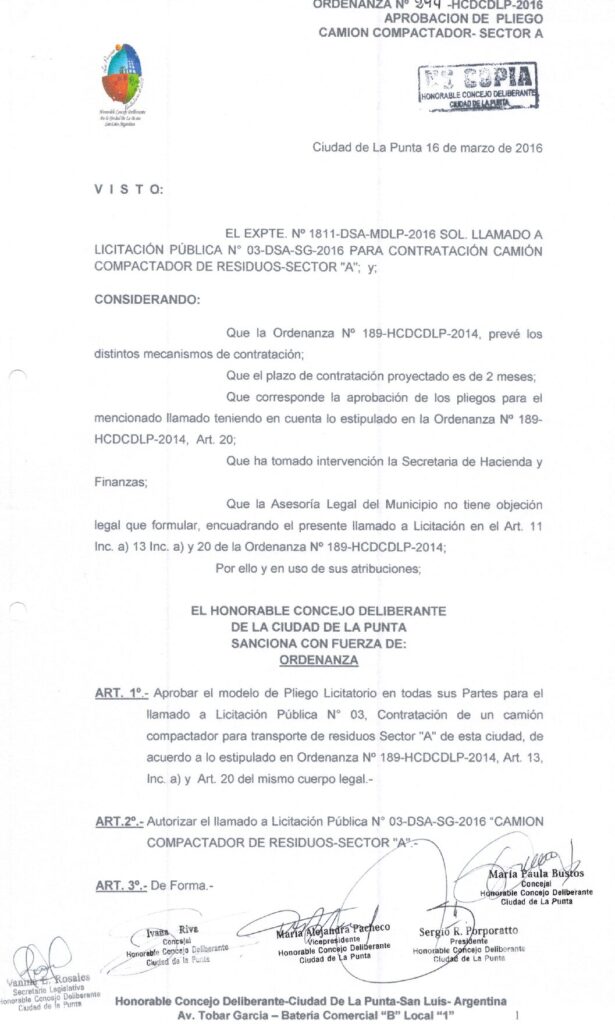 thumbnail of ORDENANZA N°294-NO VIGENTE-HCDCDLP-2016- APROBACION DE PLIEGO CAMION COMPACTADOR-SECTOR A