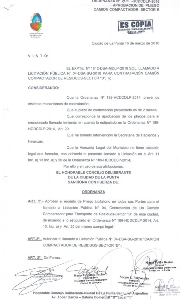 thumbnail of ORDENANZA N°295-NO VIGENTE-HCDCDLP-2016-APROBACION DE PLIEGO CAMION COMPACTADOR-SECTOR B