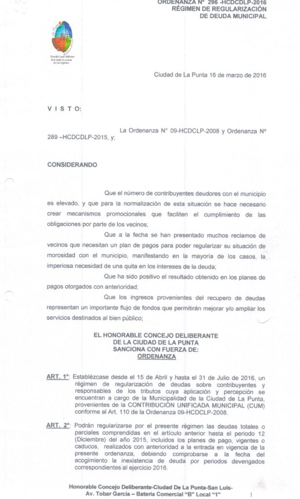 thumbnail of ORDENANZA N°296-NO VIGENTE-HCDCDLP-2016- REGIMEN DE REGULARIZACION DE DEUDA MUNICIPAL