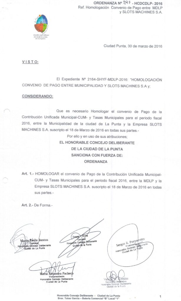 thumbnail of ORDENANZA N°297-NO VIGENTE-HCDCDLP-2016- REF.HOMOLOGACION CONVENIO DE PAGO ENTRE MDLP Y SLOTS MACHINES S.A.