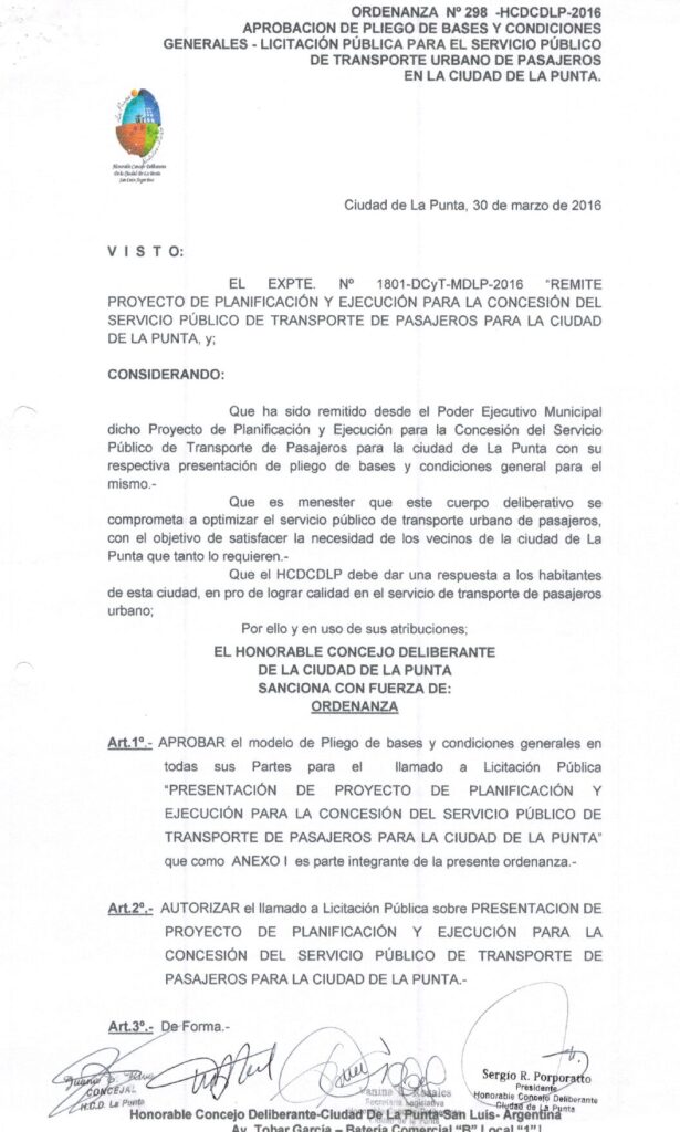 thumbnail of ORDENANZA N°298-NO VIGENTE-HCDCDLP-2016- APROBACION DE PLIEGO DE BASES Y CONDICIONES GENERALES-LICITACION PUBLICA PARA EL SERVICIO PUBLICO DE TRANSPORTE URBANO DE PASAJEROS