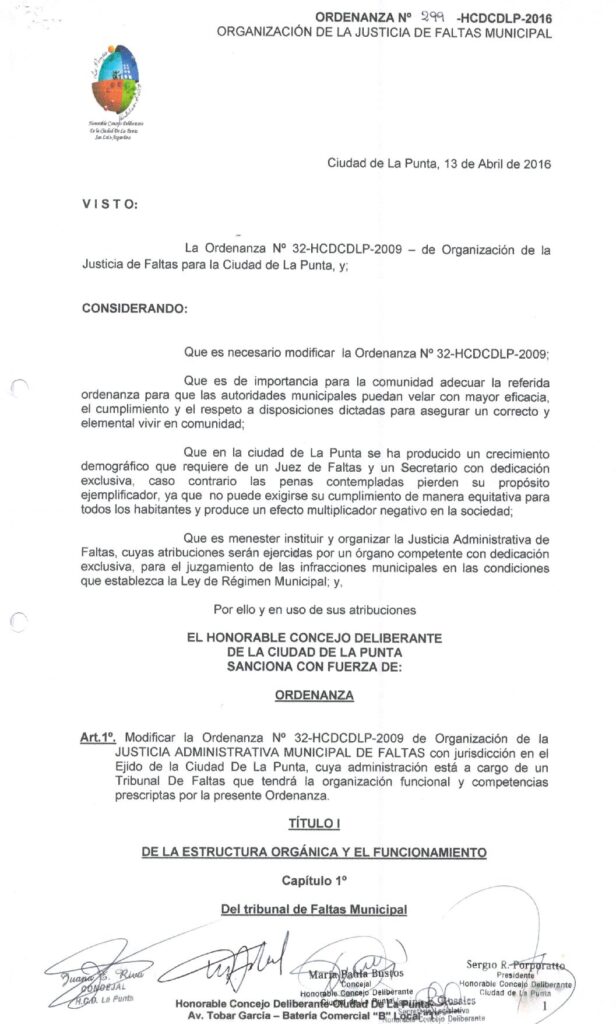 thumbnail of ORDENANZA N°299- VIGENTE-HCDCDLP-2016- ORGANIZACION DE LA JUSTICIA DE FALTAS MUNICIPAL