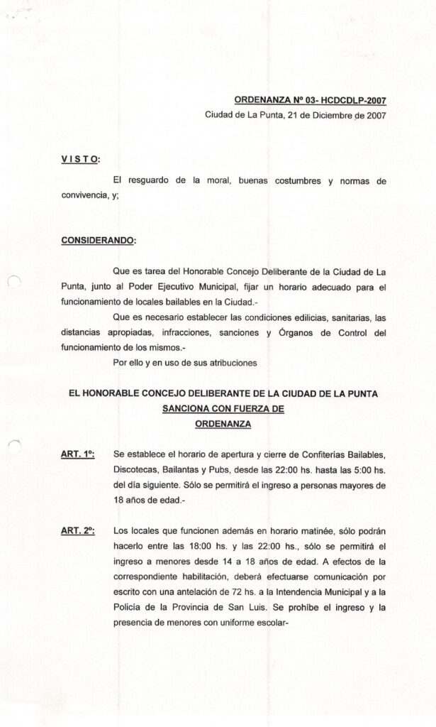 thumbnail of ORDENANZA N°3-VIGENTE- HCDCDLP-2007-HORARIO APERTURA Y CIERRE CONFITERIAS DISCOTECAS ETC