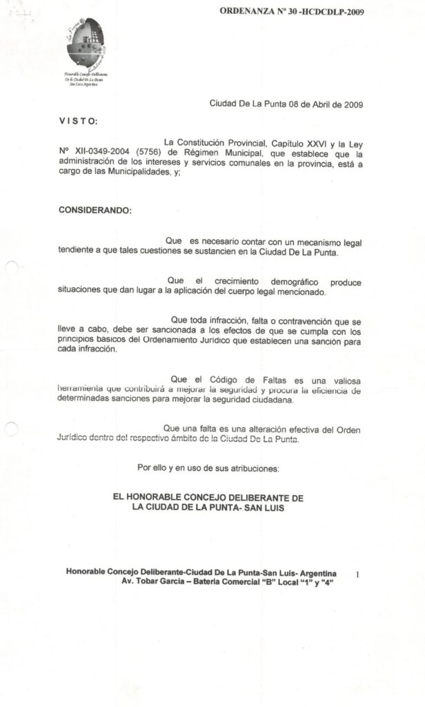 thumbnail of ORDENANZA N°30-NO VIGENTE-HCDCDLP-2009- CODIGO DE FALTAS MUNICIPAL.