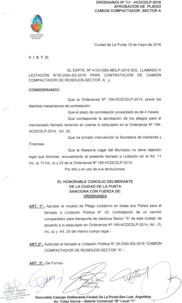 thumbnail of ORDENANZA N°300-NO VIGENTE-HCDCDLP-2016- APROBACION DE PLIEGO CAMION COMPACTADOR-SECTOR A