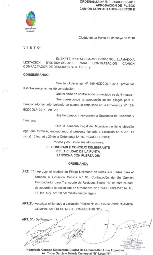 thumbnail of ORDENANZA N°301-NO VIGENTE-HCDCDLP-2016- APROBACION DE PLIEGO CAMION COMPACTADOR-SECTOR B