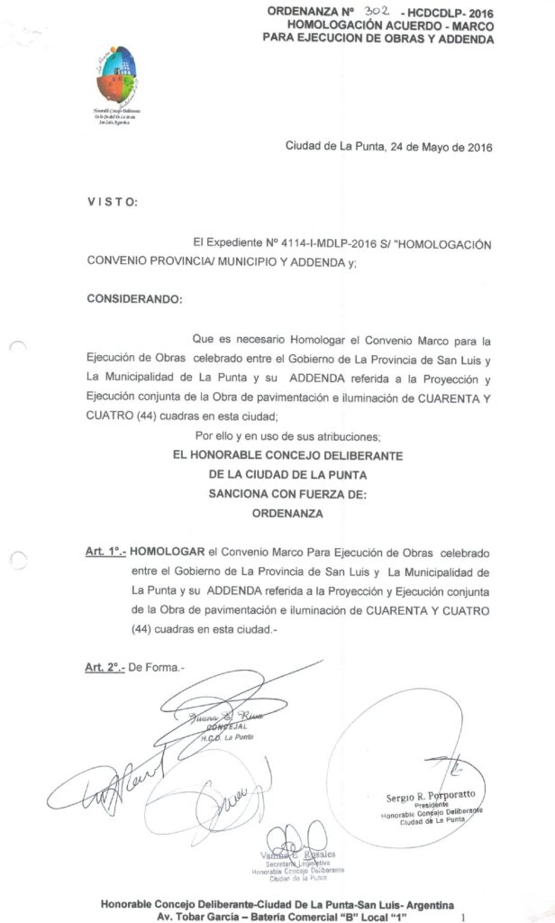 thumbnail of ORDENANZA N°302-NO VIGENTE-HCDCDLP-2016- HOMOLOGACION ACUERDO-MARCO PARA EJECUCION DE OBRAS Y ADDENDA