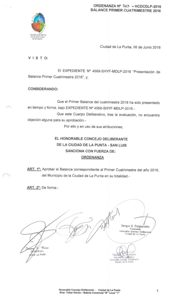 thumbnail of ORDENANZA N°303-NO VIGENTE-HCDCDLP-2016- BALANCE PRIMER CUATRIMESTRE 2016