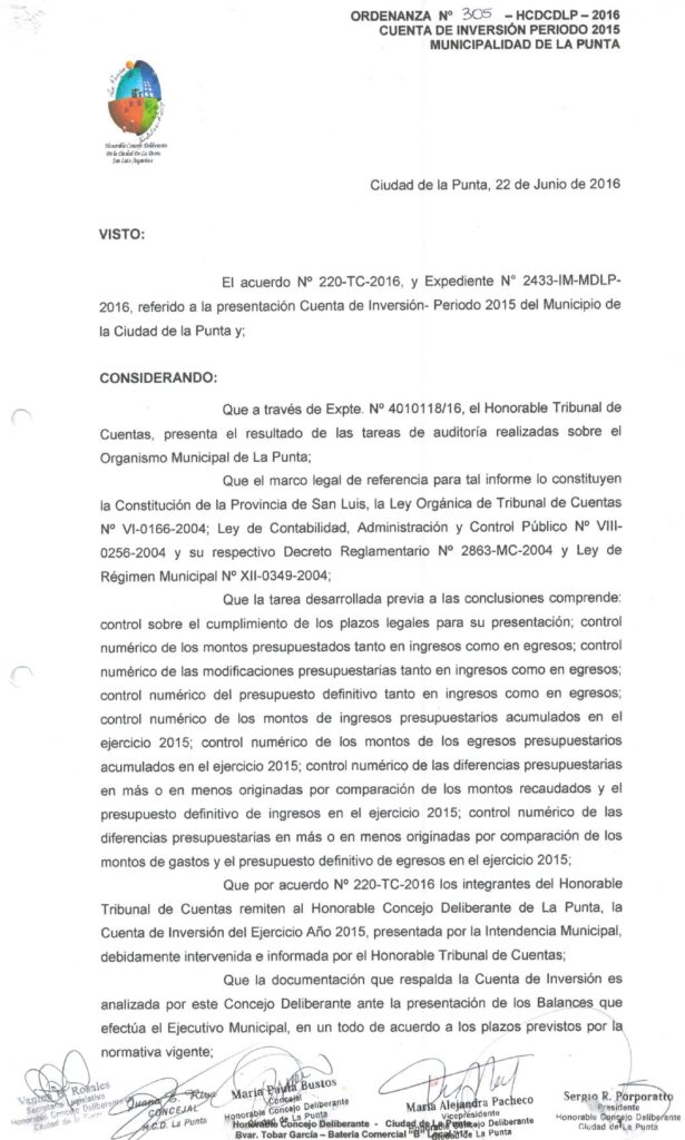 thumbnail of ORDENANZA N°305-NO VIGENTE-HCDCDLP-2016- CUENTA DE INVERSION PERIODO 2015 MUNICIPALIDAD DE LA PUNTA