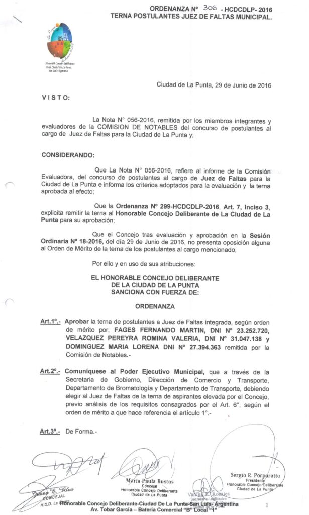 thumbnail of ORDENANZA N°306-NO VIGENTE-HCDCDLP-2016- TERNA POSTULANTES JUEZ DE FALTAS MUNICIPAL
