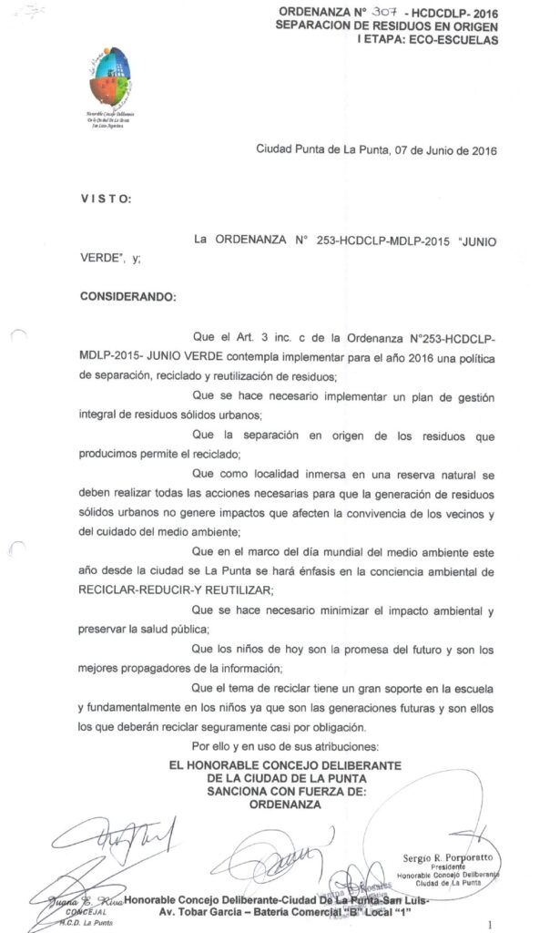 thumbnail of ORDENANZA N°307-NO VIGENTE-HCDCDLP-2016- SEPARACION DE RESIDUOS EN ORIGEN I ETAPA ECO ESCUELAS